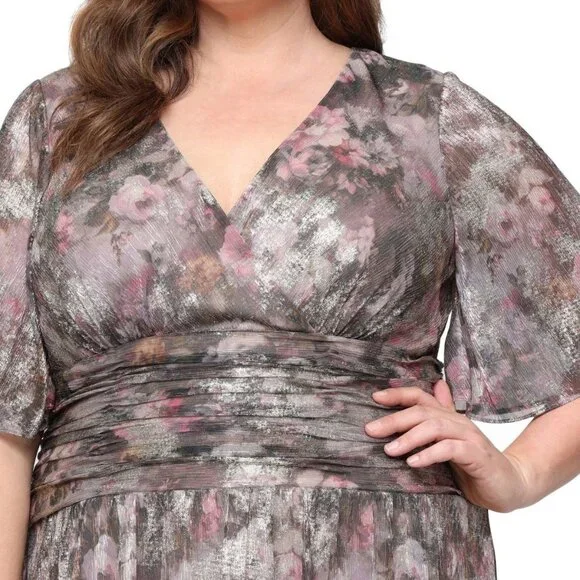 SL Fashions Womens Plus Printed Metallic Surplice Long Dress Taupe Size 20W NWT - Picture 3 of 5